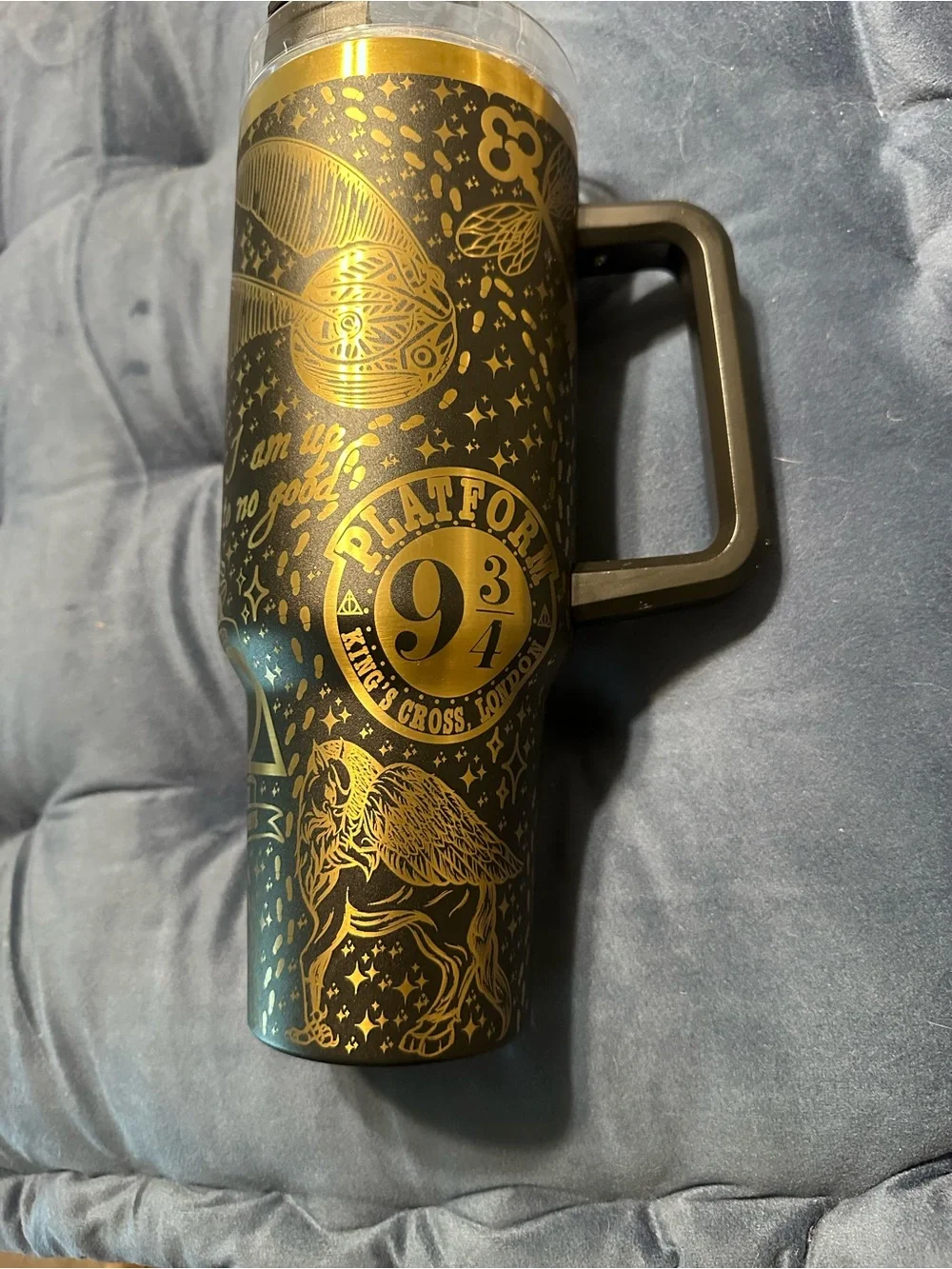 Gold and Black Harry Potter Illustrated Travel Tumbler with Handle - Home Dining